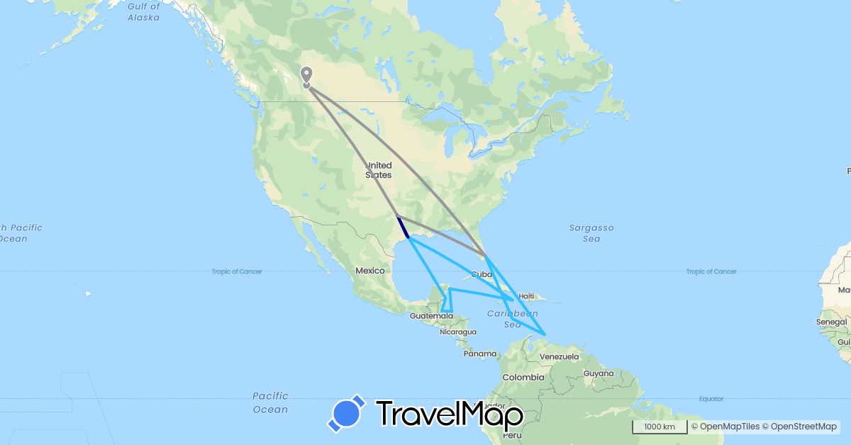 TravelMap itinerary: driving, plane, boat in Belize, Canada, Honduras, Mexico, Netherlands, United States (Europe, North America)